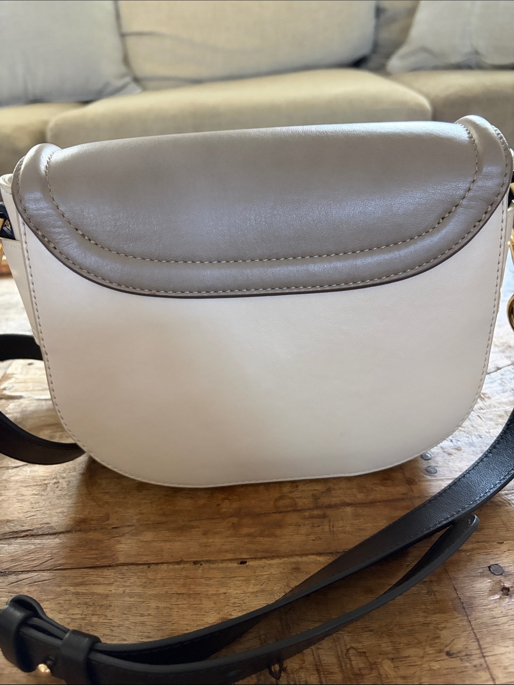 See By Chloé Two-Tone Taupe & Cream Saddle Crossbody with Gold Ring - Picture 6 of 7